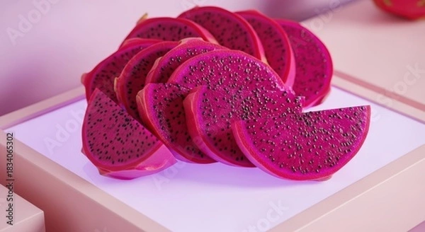 Obraz Bright pink dragon fruit slices arranged on a modern white surface