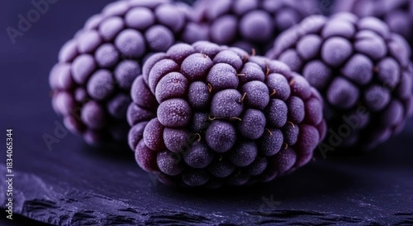 Obraz Closeup of frosty frozen blackberries on a dark slate surface