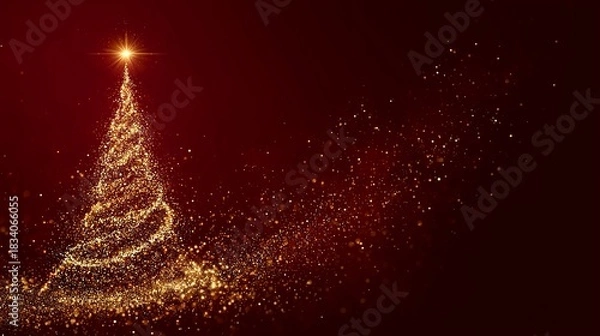 Fototapeta Ethereal golden glitter tree with glowing star, festive minimalist composition with dynamic particles and clean deep red space