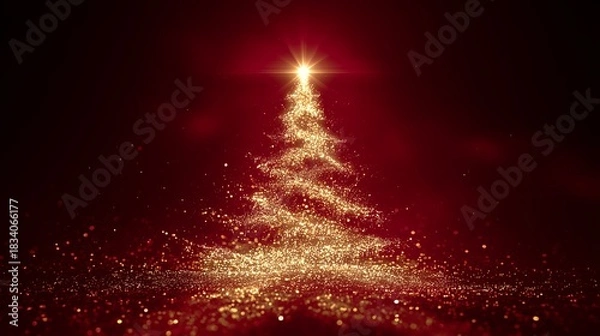 Obraz Shimmering golden particle Christmas tree with sparkling light effect on deep red background, modern minimalist holiday design