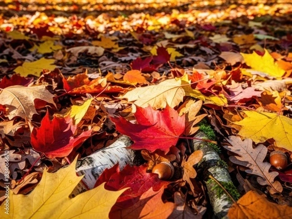Fototapeta Colorful autumn leaves on the ground with birch log in the forest during fall