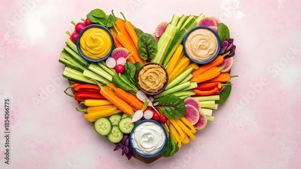 Obraz Heart shaped vegetable crudit s platter with dips for a healthy snack