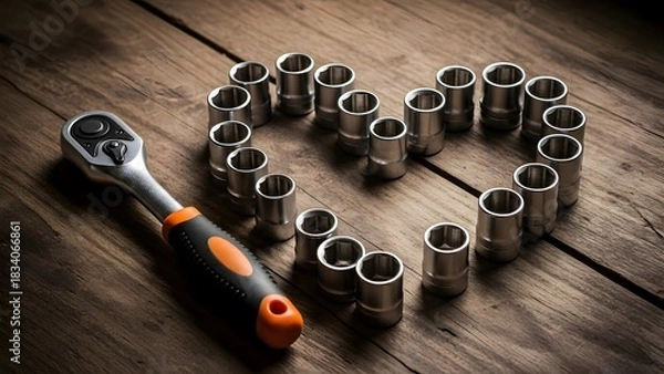 Obraz Heart shape made of socket wrenches with ratchet on a wooden surface