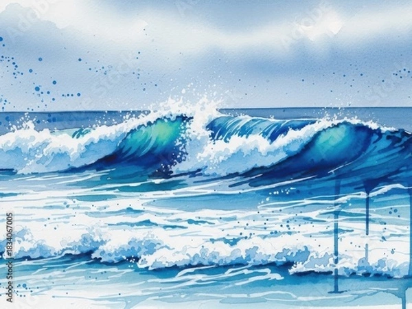 Fototapeta Watercolor painting of ocean wave with foam and splashes in blue tones