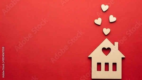 Obraz Wooden house with heart cutout and floating hearts on red background