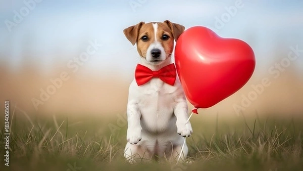 Obraz Jack russell terrier with red bow tie and heart balloon for valentines day