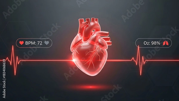 Fototapeta Human heart with digital ecg, vital signs monitor, and health data display.