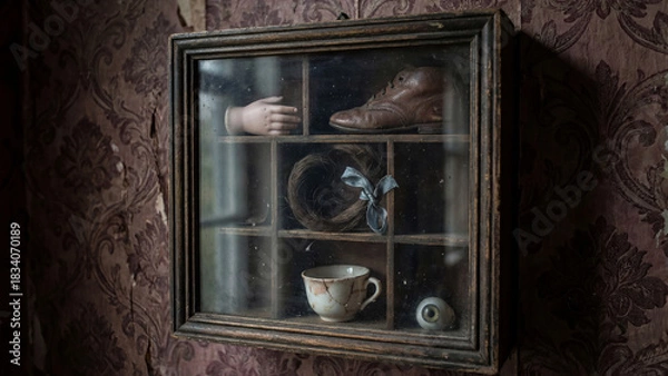 Fototapeta An old wooden display case with dusty antique items: a doll's hand, a shoe, a teacup, and a hat. A spooky, vintage collection in an abandoned house.