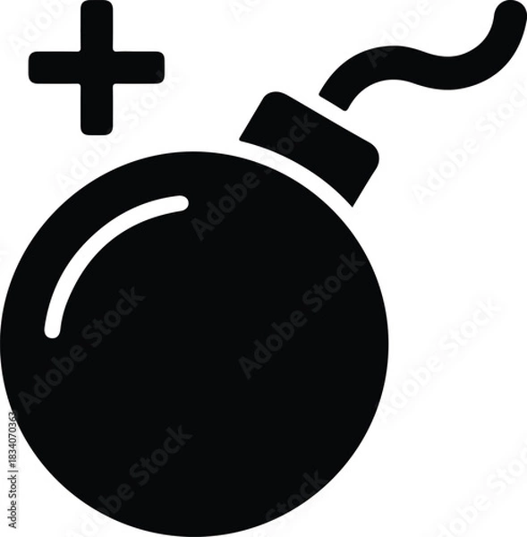 Fototapeta Black bomb icon with fuse and plus symbol explosion 3