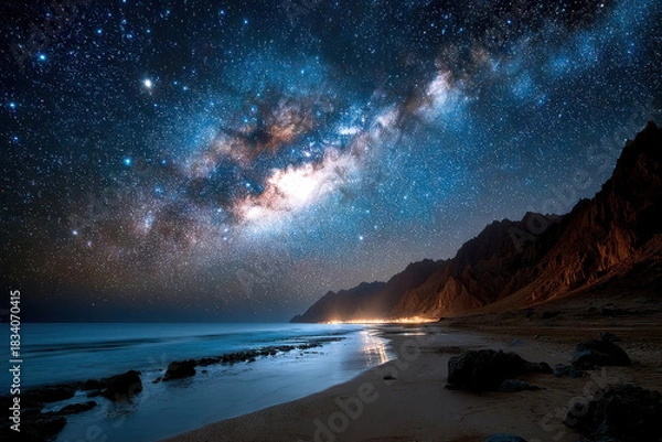 Obraz Starry Night Sky Over a Tranquil Ocean Beach