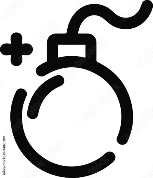 Fototapeta Black bomb icon with fuse and plus symbol white