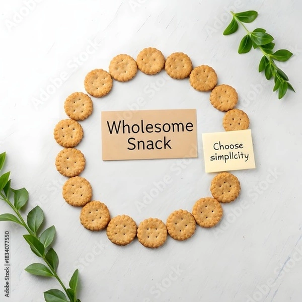 Fototapeta Vegan crackers in circular arrangement with wholesome snack label