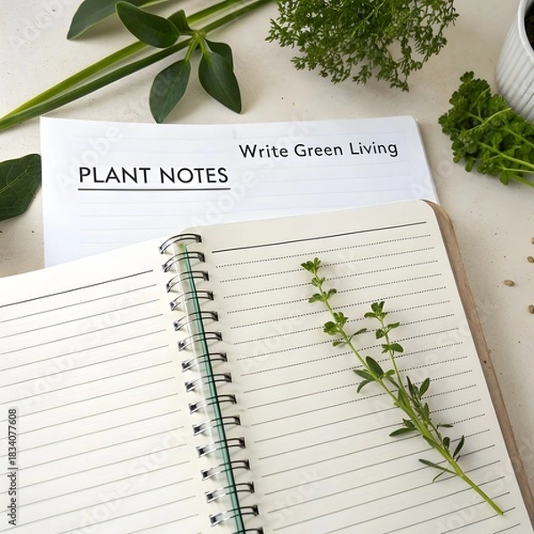 Fototapeta Fresh Herbs and Notebook with Plant Notes on White Table