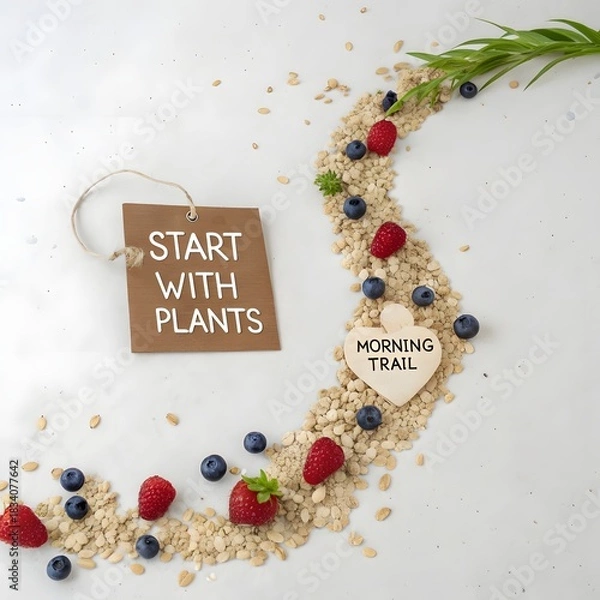 Fototapeta A path of oats and berries with text on white surface
