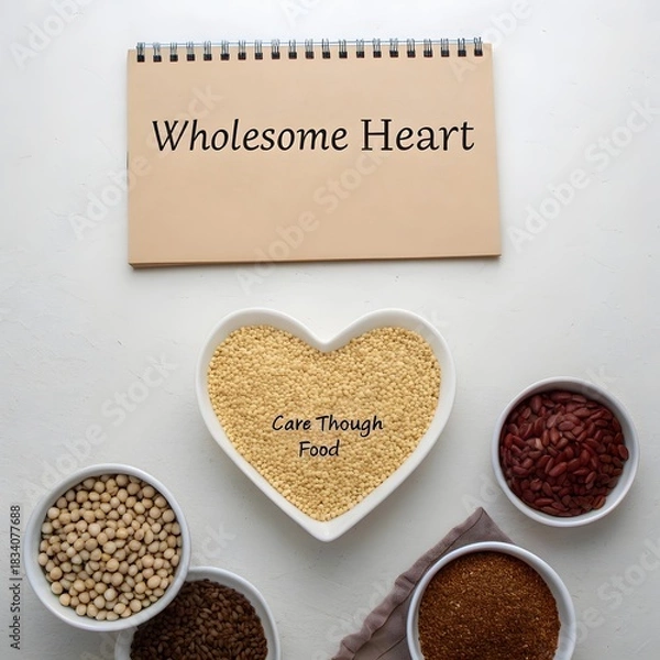 Fototapeta Grains Arranged on a Table in Heart Shape with Wholesome Text