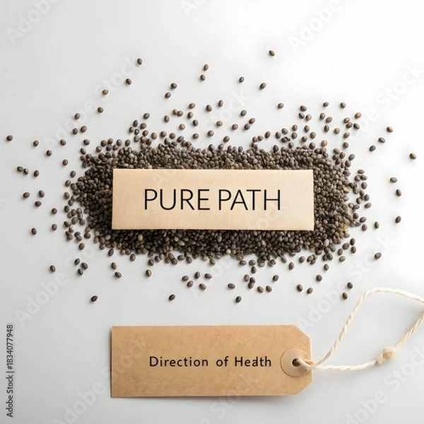 Fototapeta Chia seeds composition with path direction on white surface