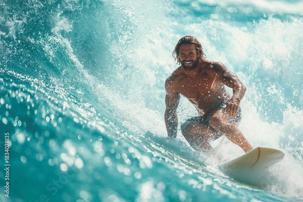 Obraz Handsome long haired surfer in action 