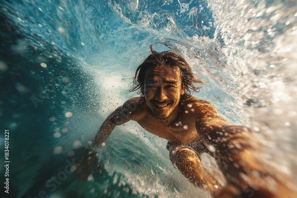 Obraz Asian man surfing a wave 