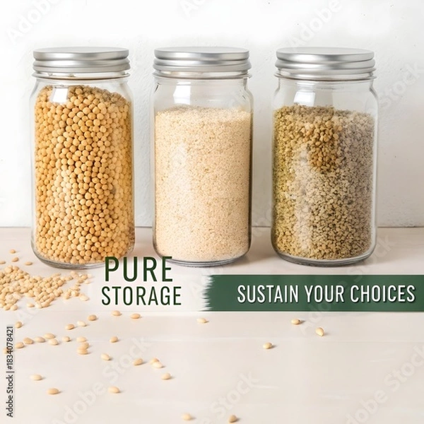 Fototapeta Jars containing grains showcased for pure storage and sustainable food choices