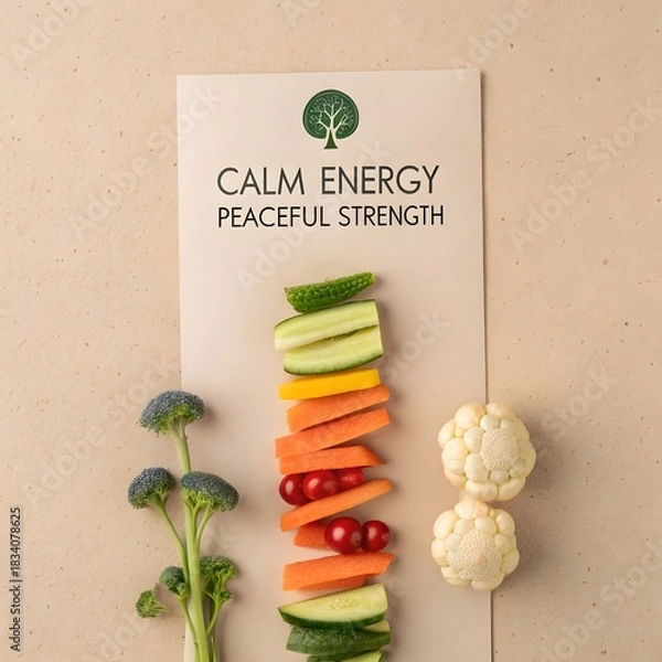 Fototapeta Stack of fresh vegetables displayed with a calm energy label