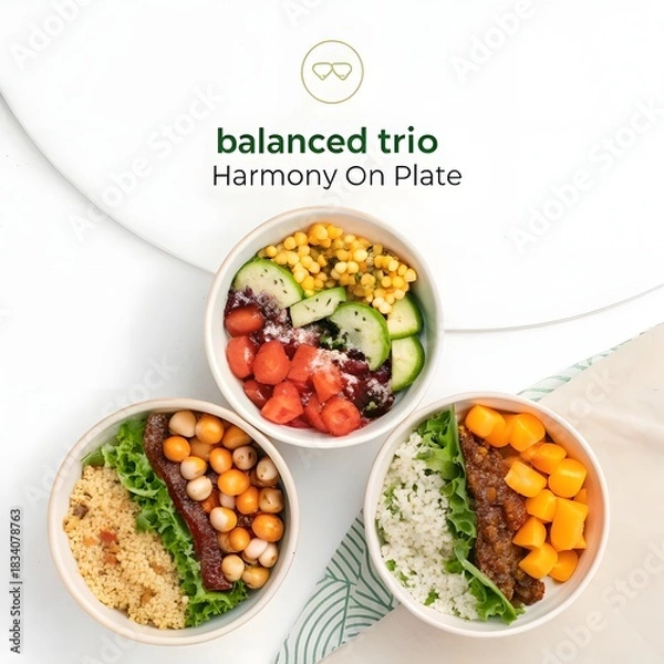 Fototapeta Overhead shot of three vegan food bowls in a triangle pattern