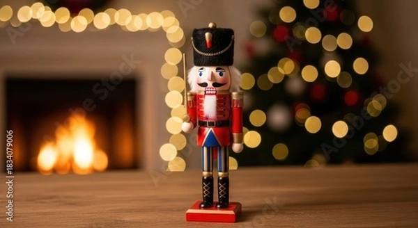 Obraz Isolated wooden toy nutcracker soldier figurine is a Christmas ornament and a festive holiday decoration object