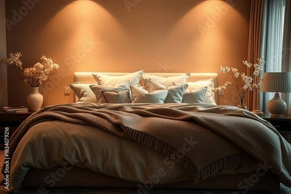 Obraz Bedroom interior with lighting.Brown bedding design