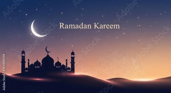 Obraz Eid Mubarak greeting card featuring a dark night sky landscape with a mosque silhouette, moon, and stars vector illustration