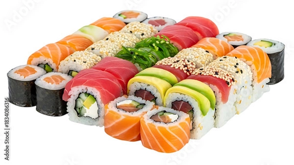 Obraz Delicious sushi platter with salmon tuna avocado and seaweed for japanese food lovers and sushi enthusiasts on transparent background