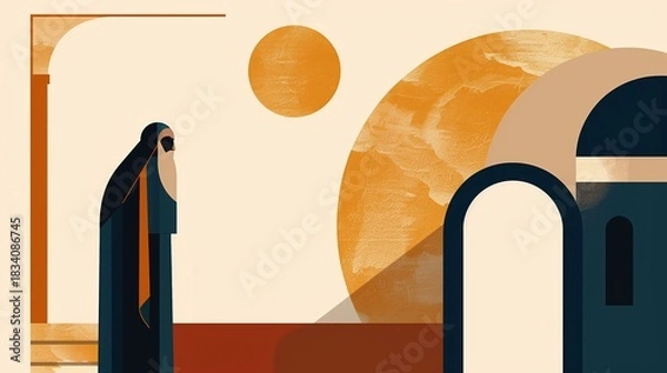 Obraz Contemporary religious art poster illustration of Saint Macarius,bold graphic design,limited color palette of desert orange,deep blue and gold,minimalist composition,modern OrthodoxChristian aesthetic