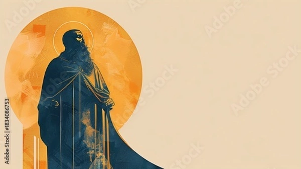 Obraz Contemporary religious art poster illustration of Saint Macarius,bold graphic design,limited color palette of desert orange,deep blue and gold,minimalist composition,modern OrthodoxChristian aesthetic