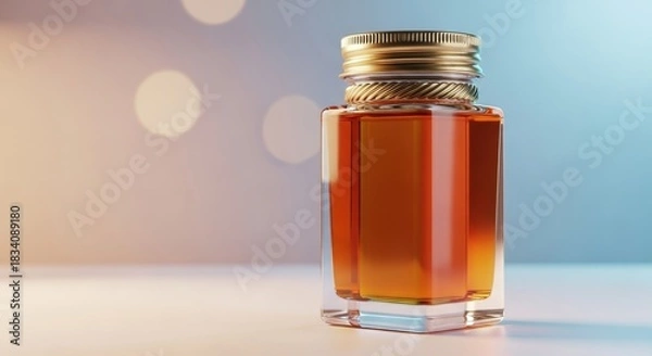 Obraz Small hexagonal glass jar filled with golden honey and gold metal lid on soft colorful background
