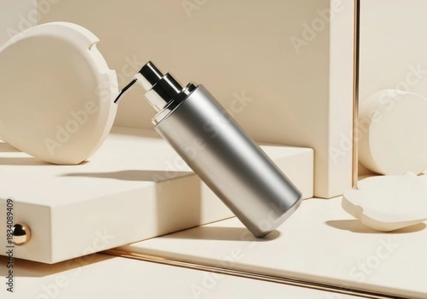 Obraz Metallic silver cosmetic spray bottle on beige geometric display with soft shadows
