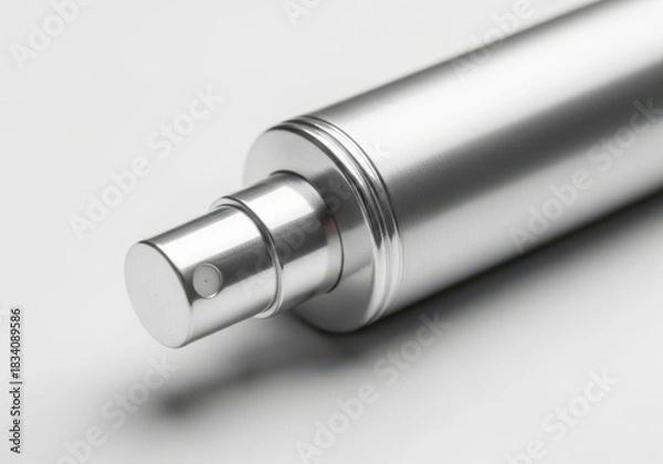 Obraz Close-up of sleek silver cosmetic spray nozzle on metallic cylindrical bottle
