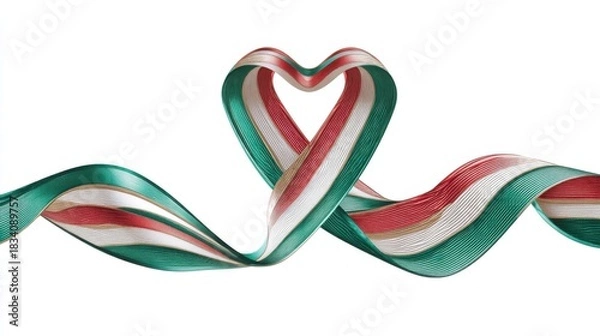 Obraz A red green and white striped ribbon twisted into a heart shape with ends extending outward on a plain white background.