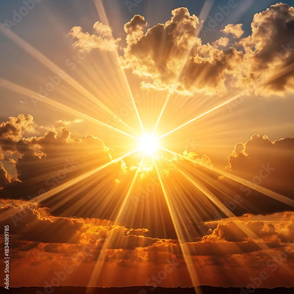 Obraz Bright sunburst through dramatic clouds at sunrise or sunset