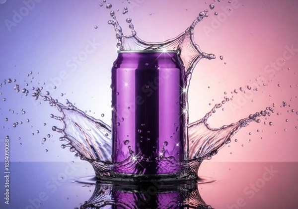 Obraz Vibrant purple beverage can with dramatic water splash on reflective surface and colorful gradient background
