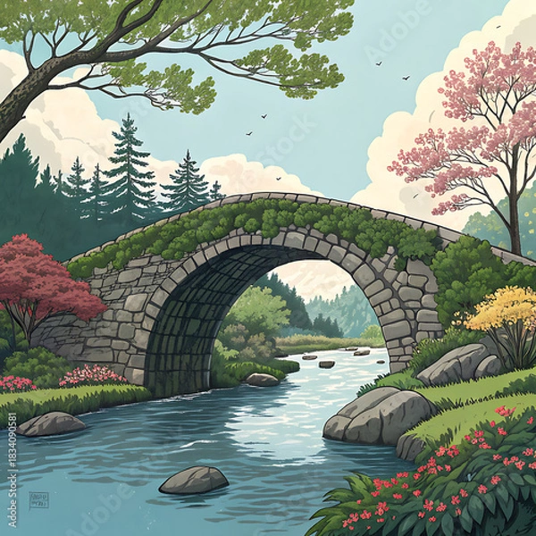 Obraz Charming stone arch bridge over a flowing river in a lush spring garden