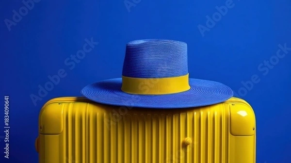 Obraz A large blue sunhat with a yellow band rests on a vibrant yellow suitcase against a solid blue backdrop,