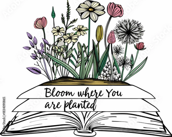 Obraz Inspirational floral illustration blooming from an open book with text