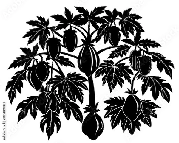 Obraz Black silhouette of a papaya tree with ripe fruit and large leaves