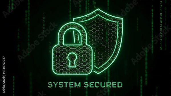 Fototapeta Digital security concept with glowing green padlock and shield for data protection