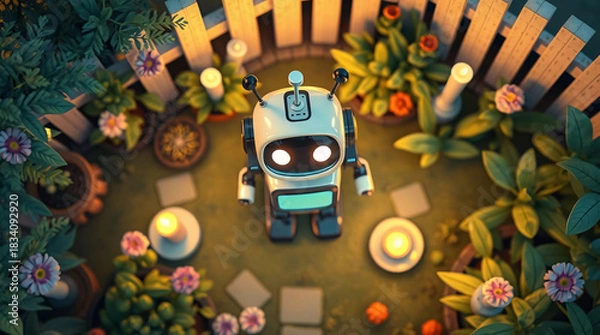 Obraz Friendly, cute little Robot in a Flower Field