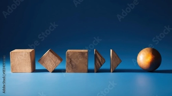 Obraz Six wooden geometric shapes including cubes, rhombus, triangles,