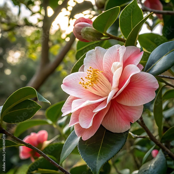 Obraz Close up of a delicate pink camellia flower blooming in soft sunlight