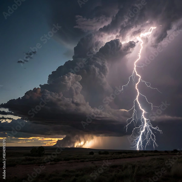 Obraz Dramatic lightning strike illuminates stormy sky over arid landscape