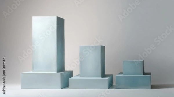 Obraz Three light blue rectangular prisms arranged by size with soft shadows,