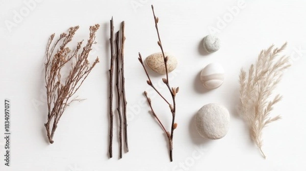 Obraz A collection of dried plant materials arranged neatly on a white surface with twigs, branches, small buds,