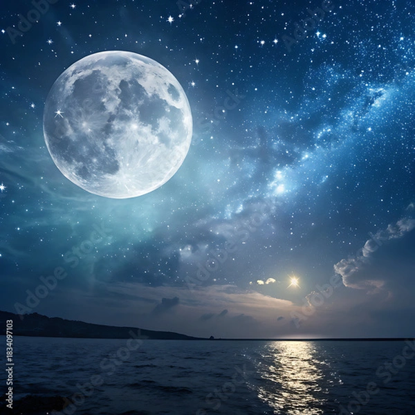 Obraz Full moon shines brightly over the ocean under a starry night sky
