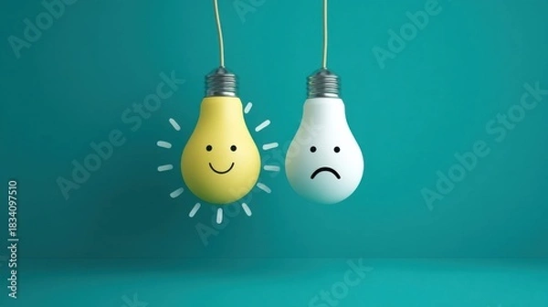 Obraz Two hanging candles with cartoon faces against a teal background, one glowing with a happy expression,